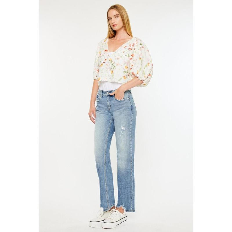Kancan Denver Mid Rise Straight Jeans with Frayed Hem