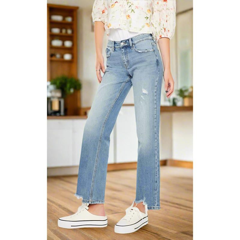 Kancan Denver Mid Rise Straight Jeans with Frayed Hem