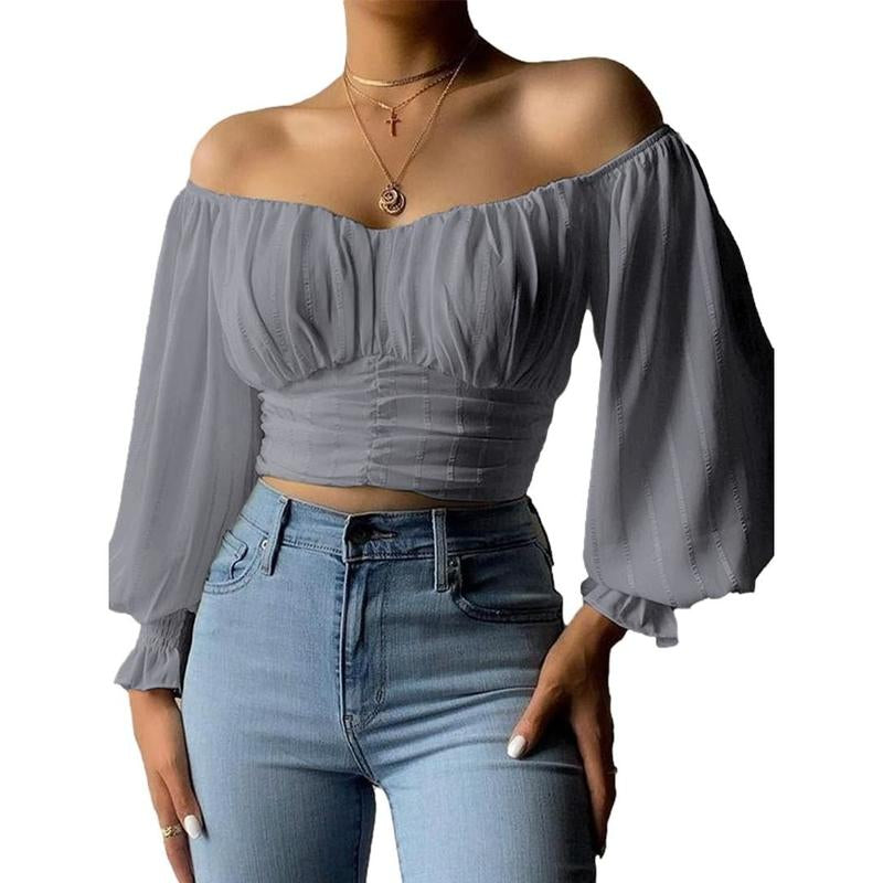 Fisoew Women's Elegant Off-the-Shoulder Puff Sleeve Chiffon Blouse - Slim Fit Summer Party Crop Top