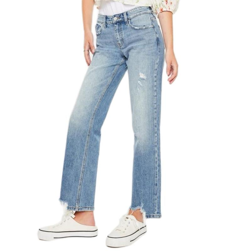 Kancan Denver Mid Rise Straight Jeans with Frayed Hem