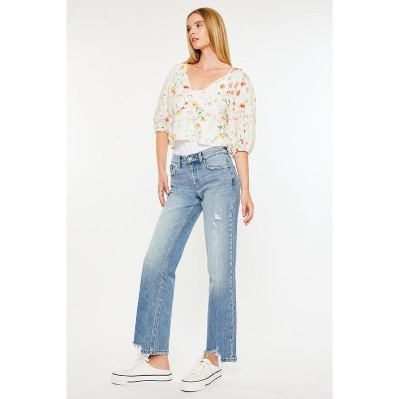 Kancan Denver Mid Rise Straight Jeans with Frayed Hem
