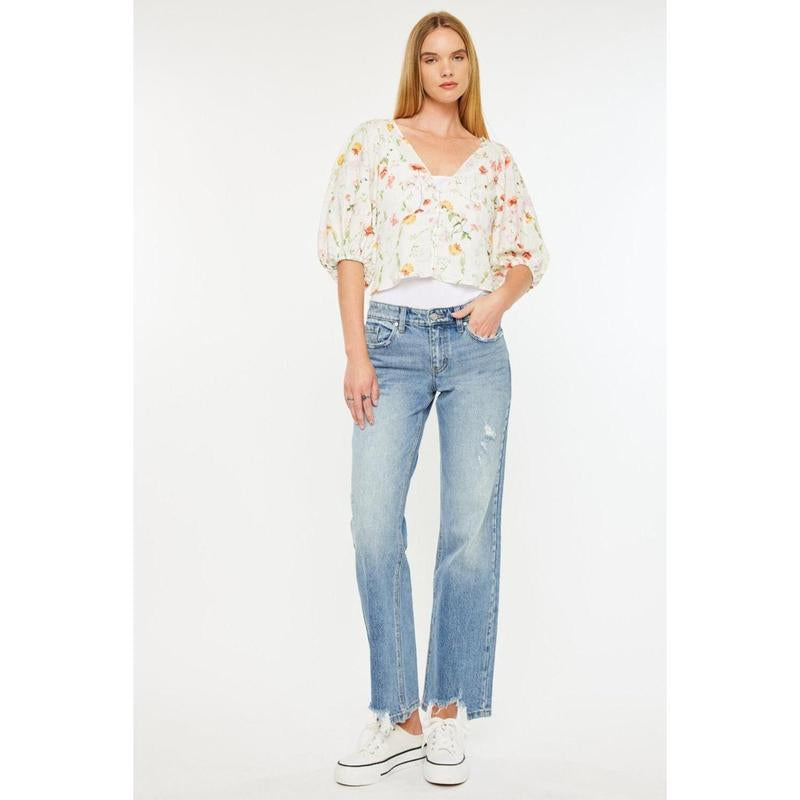 Kancan Denver Mid Rise Straight Jeans with Frayed Hem