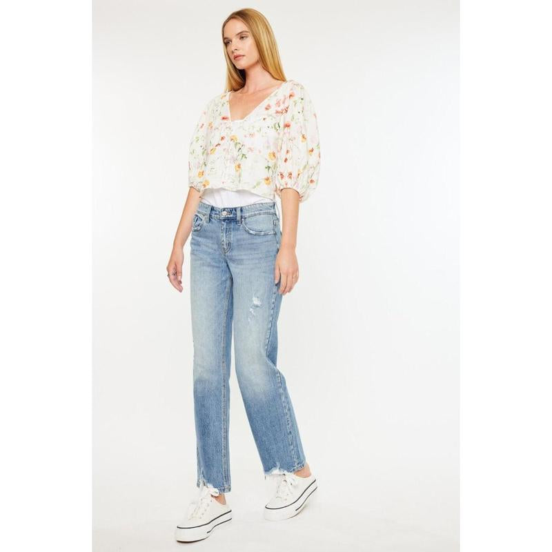 Kancan Denver Mid Rise Straight Jeans with Frayed Hem