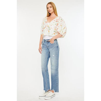 Kancan Denver Mid Rise Straight Jeans with Frayed Hem