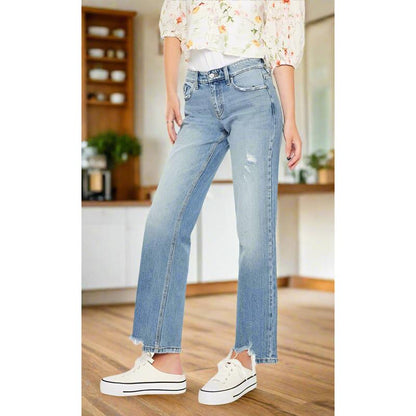Kancan Denver Mid Rise Straight Jeans with Frayed Hem